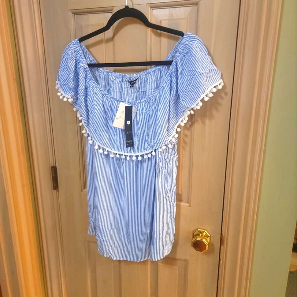 NWT Womens Plus Sz 2X Unique Spectrum Pompom Tassle Off Shoulder Shirt